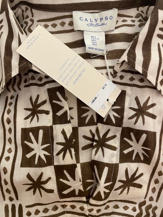 New Calypso St. Barth resort Print Cream/Brown Button Down Shirt Top Cotton Sz L - Picture 8 of 10